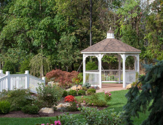 10' Octagon Style White Vinyl Gazebo With Pinnacle Style Roof With Brown Shingles, and Cupola