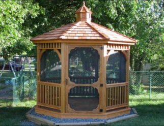 10’ Octagon Gazebo Shown in Dutch Style, Cupola, Cedar Stain, Screens, Cedar Shake Shingles