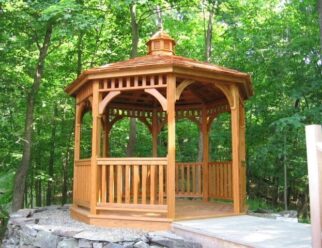 10’ Octagon Gazebo, Dutch style Shown with cupola, Cedar stain and cedar shake shingles