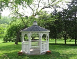 10’ Octagon Gazebo, Dutch style Shown with white paint, Cupola and 30 year asphalt shingles.