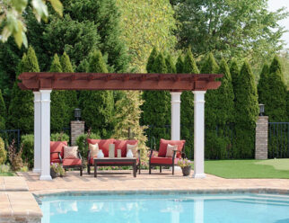 10’ x 14’ Artisan Style Wooden Amish Pergola With Mahogany Stain, White Vinyl Posts