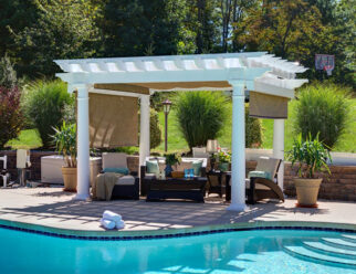 10’ x 14’ Artisan Vinyl Pergola With 10” Round Columns and Side Curtains