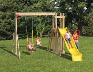 Model 1052 - 12'x12' Playset with 2'x2' Tower, 5' High Deck, 2-Position Single Swing Beam, 10' Waterfall Slide, and 2 Swings