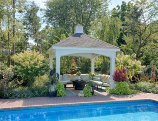 10’ x 10’ White Vinyl Hampton Backyard Pavilion With Square Posts, Asphalt Shingles, and Cupola