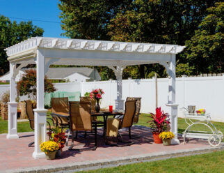 10’x12′ Traditional White Vinyl Amish Pergola With Superior Posts and EZ Shade Curtain