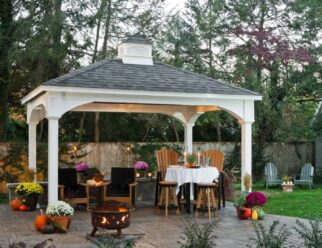 10’ x 14’ Traditional White Vinyl Pavilion with Hip Roof, Asphalt Shingles and Cupola