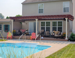 11’ x 24’ Custom Wood Amish Pergola With Mahogany Stain, EZ Shade System, Side Curtains Attached To House