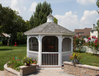 12' Octagon Country Style White Vinyl Gazebo With Pinnacle Roof With Cupola, Black Shingles, and Screens