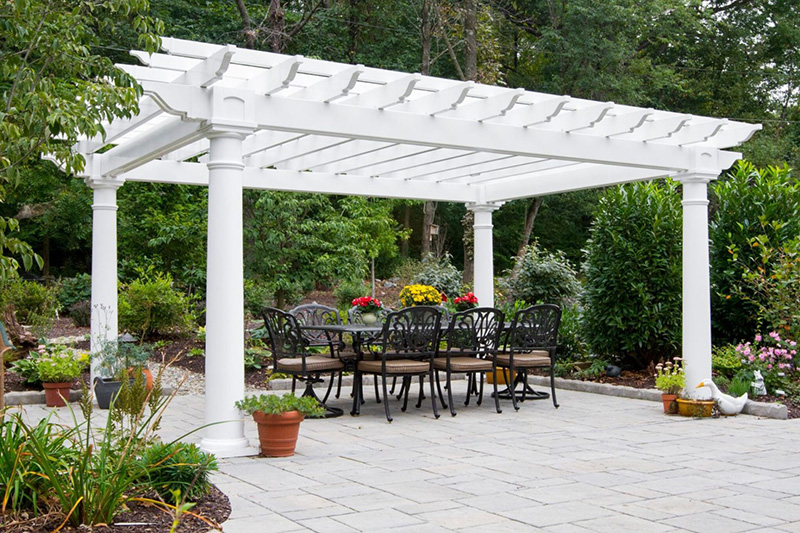 Vinyl Wooden Pergolas Add Style To Your Home Penn Dutch 12 X 16 Artisan White Vinyl Pergola 1022 Round Columns 1