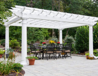 12′ x 16′ White Vinyl Amish-Built Pergola With White Round Columns