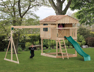 Model 1252 - 16'x18' Playset with 6'x8' Enclosed Playhouse, 5' Deck, 3-Position Single Swing Beam, 10' Waterfall Slide, 2 Swings, and Trapeze
