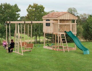 Model 1253 - 16'x20' Playset with 6'x8' Enclosed Playhouse, 5' Deck, 4-Position Double Swing Beam with Climber Bars, Exit Ladder, 10' Waterfall Slide, 2 Swings, Lawn Swing, and Wood Glider