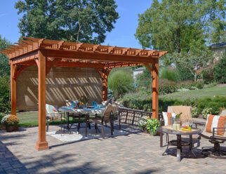 12’ x 12’ Traditional Wooden Amish Pergola With Canyon Brown Stain and Beige Side Curtain
