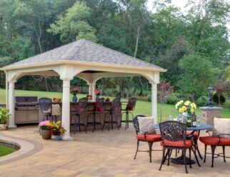 12’ x 12’ Traditional Ivory Vinyl Pavilion with Hip Roof Asphalt Shingles and 10″ Columns