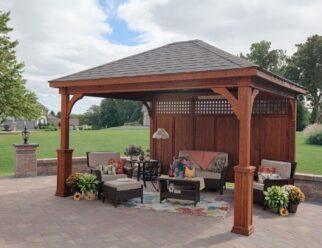 12 x 14 Traditional Wood Pavilion Shown with Canyon Brown Stain, Superior Posts, and Privacy Wall