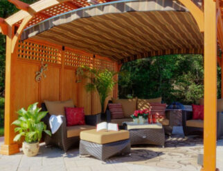 12’ x 17’ Hearthside Pergola 12’x15′ Shown With Canyon Brown Stain, Lattice Roof, and Canopy