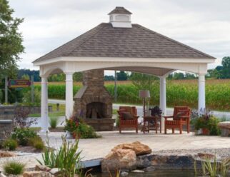 12’ x 16’ White Vinyl Hampton Pavilion With Cupola, And Asphalt Shingles On Pitched Roof