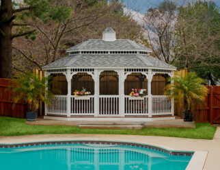 12’x16′ Oval, White Vinyl Gazebo, Pagoda Roof, Screens, Cupola