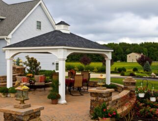 12’ x 16’ Traditional White Vinyl Pavilion with Asphalt Shingles and 8×8 Posts In Backyard