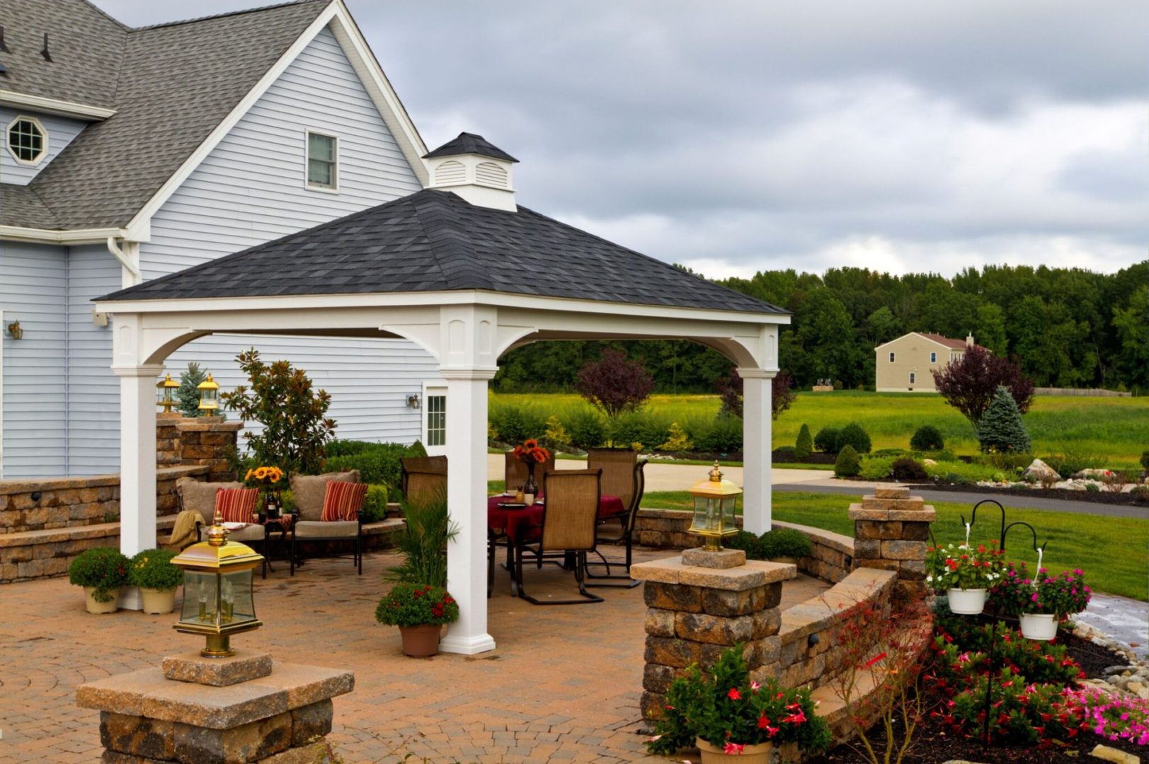 12’ x 16’ Traditional White Vinyl Pavilion Shown with Asphalt Shingles and 8×8 Posts