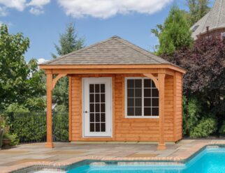 12’ x 16’ Traditional Wood Pavilion Shown With Asphalt Shingles, Cedar Stain, and 8′ x 12′ Villa