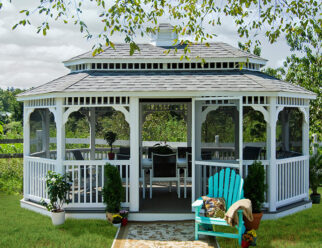 12'x20' Oval White Vinyl Gazebo With Black Shingled Pagoda Roof, Screens, and Cupola