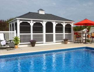 12'x20' Rectangular Country Style White Vinyl Gazebo With Cupola Next To Backyard Pool