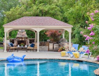 12’ x 20’ Traditional Ivory Vinyl Shown with Asphalt Shingles In Backyard Pool Patio Setting