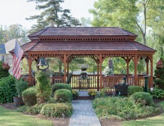12×24 Oval New England Style Wood Gazebo, New England Style. Shown with Pagoda Roof Cedar Shakes, Canyon Brown Stain