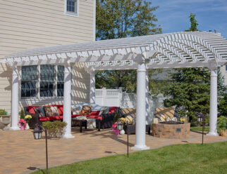 14′ x 20′ Arcadian Style White Vinyl Amish Pergola With Slated Roof, Rounded Columns Attached To House