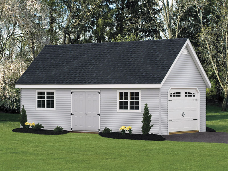 Grey Vinyl Chalet Style Shed With White Garage Door