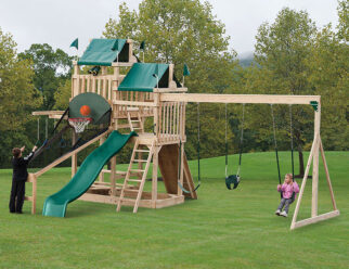 Model 1401 - 15'x22' Playset with 4'x8' Tower, 5' and 7' High Decks, 4'x4' Bottom Deck, 4'x6' Top Deck, 3-Position Single Swing Beam, 2 Swings, Full Bucket Baby Swing, 10' Waterfall Slide, Picnic Table, 5' Rock Wall, 8 Trapeze Rings, Basketball Game, Binoculars, and Steering Wheel