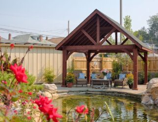 14’ x 14’ Alpine Cedar Wood Pavilion With Mahogany Stain, Asphalt Shingles