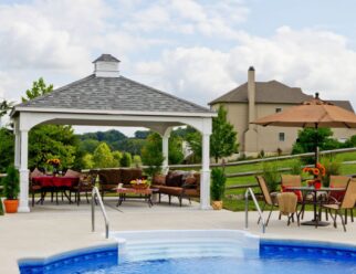 14’ x 16’ Traditional White Vinyl Pavilion with Asphalt Shingles and Superior Posts In Backyard Pool Patio