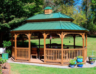 14×20 Oval New England Style Gazebo Shown With Pagoda Roof, Cupola, and Standing Seam Metal Roof