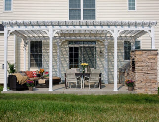 14’x20′ Traditional White Vinyl Amish Pergola With Lattice Roof Attached To House