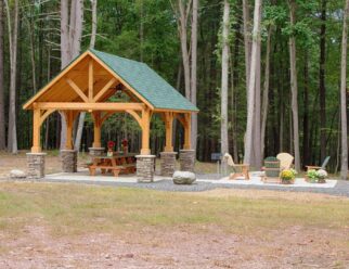 14’ x 24’ Alpine Cedar Wood Pavilion With Custom Stain and Asphalt Shingles In Wooded Backyard