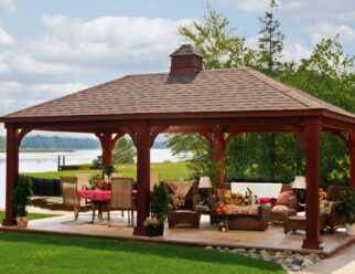 14 x 24 Traditional Wood Pavilion Shown with Mahogany Stain, Asphalt Shingles, 8 x 8 Posts, and Cupola