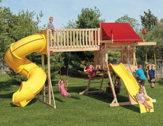 Model 1502 - 16'x21' Playset with 4'x5' A-Frame Tower, 5' High Deck, 2-Position Climber Swing Beam, 1-Position Extension Arm, 8' Catwalk, Turbo Tube Slide, 10' Waterfall Slide, 5' Rock Wall, Cargo Net, 2 Swings, Tire Swing, and Trapeze