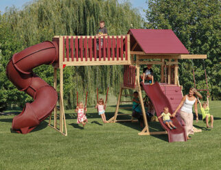 Model 1503 - 16'x21' Playset with 4'x5' A-Frame Tower, 5' High Deck, Poly Roof, Floor, and Slats, 2-Position Climber Swing Beam, 1-Position Extension Arm, 8' Catwalk, Turbo Tube Slide, 10' Waterfall Slide, 5' Rock Wall, Cargo Net, 2 Swings, Tire Swing, and Trapeze