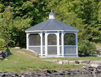 16′ Octagon, Country Style White Vinyl Gazebo With Screen, Black Shingled Roof With Cupola