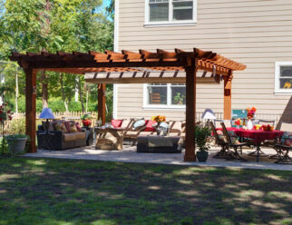 16′ x 16′ Artisan Wood Pergola Shown With Canyon Brown Stain and EZ Shade Canopy