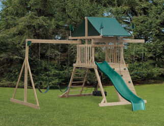 Model 1601 - 16'x17' Playset with 4'x5' A-Frame Tower, 5' High Deck, 2-Position Single Swing Beam, 1-Position Extension Arm, 10' Waterfall Slide, 2 Swings, 5' Rock Wall, Trapeze, Tire Swing, and Cargo Net
