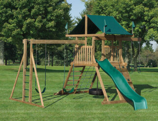 Model 1602 - 16'x17' Playset with 4'x5' A-Frame Tower, 5' High Deck, 2-Position Double Beam with Climber Bars, 1-Position Extension Arm, 10' Waterfall Slide, 5' Rock Wall, Tire Swing, Cargo Net, Trapeze, and 2 Swings