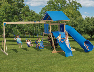 Model 1603 - 17'x20' Playset with 4'x5' A-Frame Tower, 5' High Deck, Poly Roof, Floor, and Slats, 3-Position Single Swing Beam, 10' Waterfall Slide, 10' Sidewinder Slide, 2 Swings, Plastic Glider, Tire Swing, 5' Rock Wall, and Cargo Net
