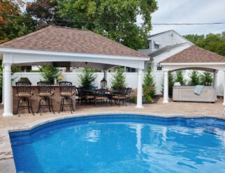 White Vinyl Hampton Pavilion With Asphalt Shingles Covering Outdoor Kitchen & Hottub