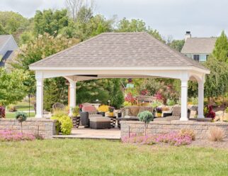 White Vinyl, Hampton Pavilion Shown With, 8 x 8 Square Posts, and Asphalt Shingles In Backyard