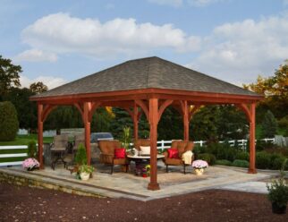 16 x 20 Traditional Wood Pavilion with Canyon Brown Stain and Asphalt Shingles On Backyard Patio