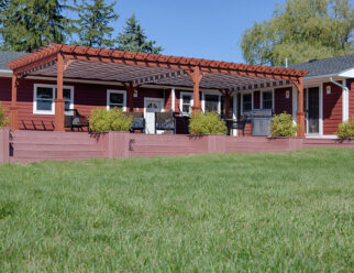 Traditional Amish Wood Pergola With Superior Posts and EZ Shade System On Backyard Deck