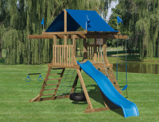 Model 1701 - 16'x11' Playset with 4'x5' A-Frame Tower, 5' High Deck, 10' Waterfall Slide, 5' Rock Wall, Two 1-Position Extension Arms, Cargo Net, Tire Swing, Swing, and Trapeze